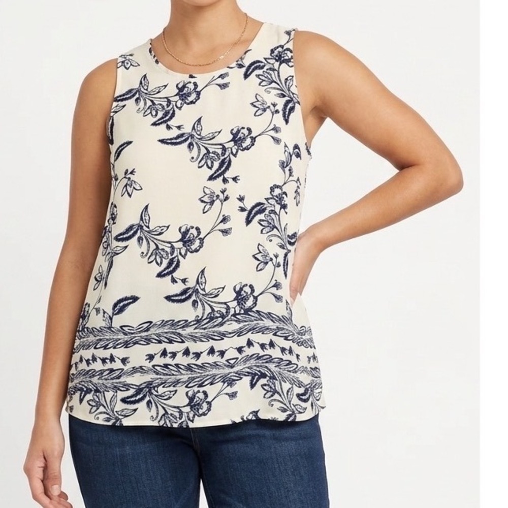St. Tropez West Womens Navy Blue Floral Sleeveless Blouse Keyhole Back Size M